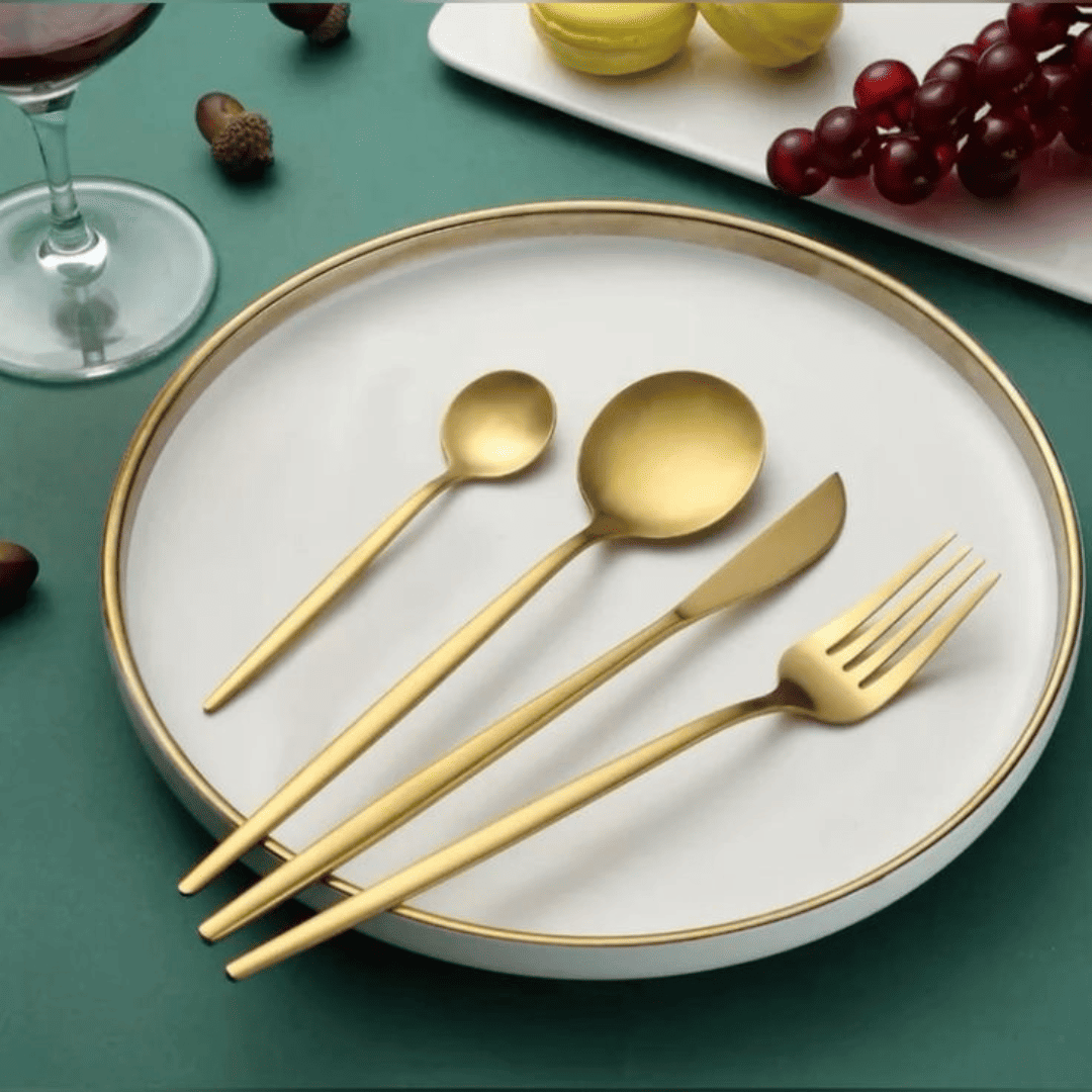 Conjunto de Talheres Premium Gourmet 24 Peças, Talheres Inox, Dourado, 24 Peças, Sofisticado, Moderno.