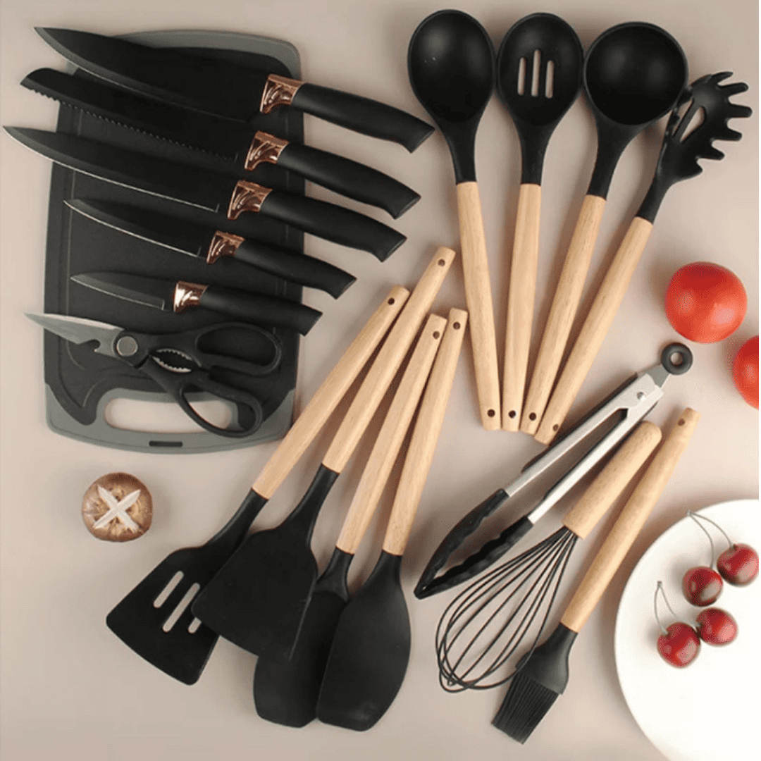 Conjunto Gourmet Utensílios Silicone, 19 Peças, Utensílios de Cozinha, Silicone, Saudável, Versátil, Moderno, Atual.