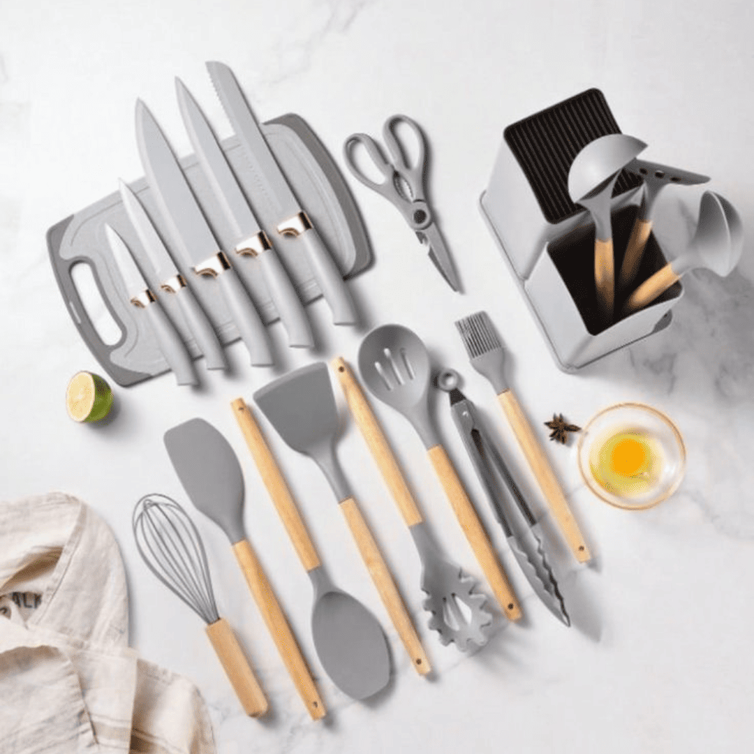 Conjunto Gourmet Utensílios Silicone, 19 Peças, Utensílios de Cozinha, Silicone, Saudável, Versátil, Moderno, Atual.