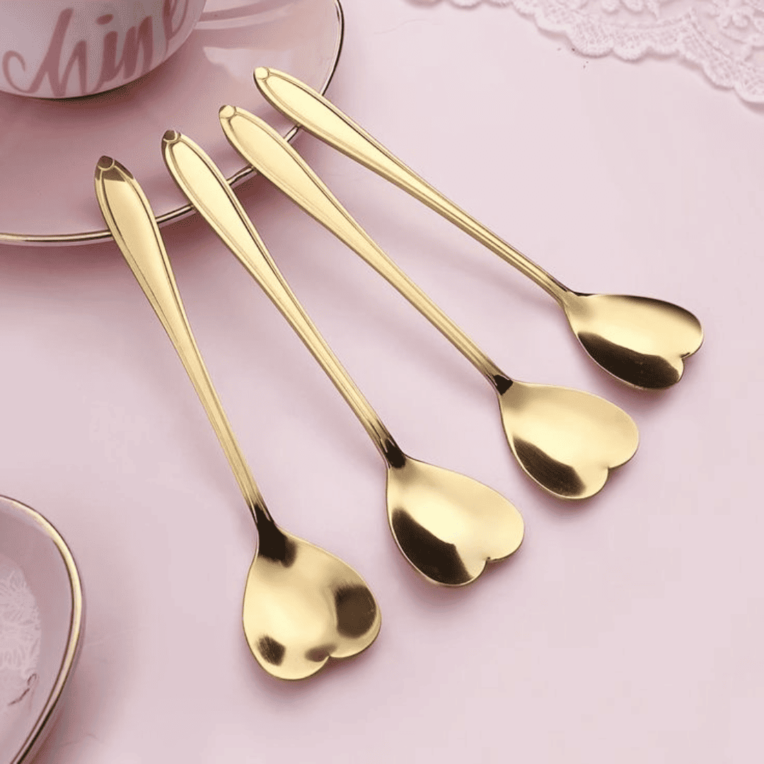 Conjunto Colheres Amor Gold Premium, Colher Chá, Dourado, Colher Amor, Coração, Inox 