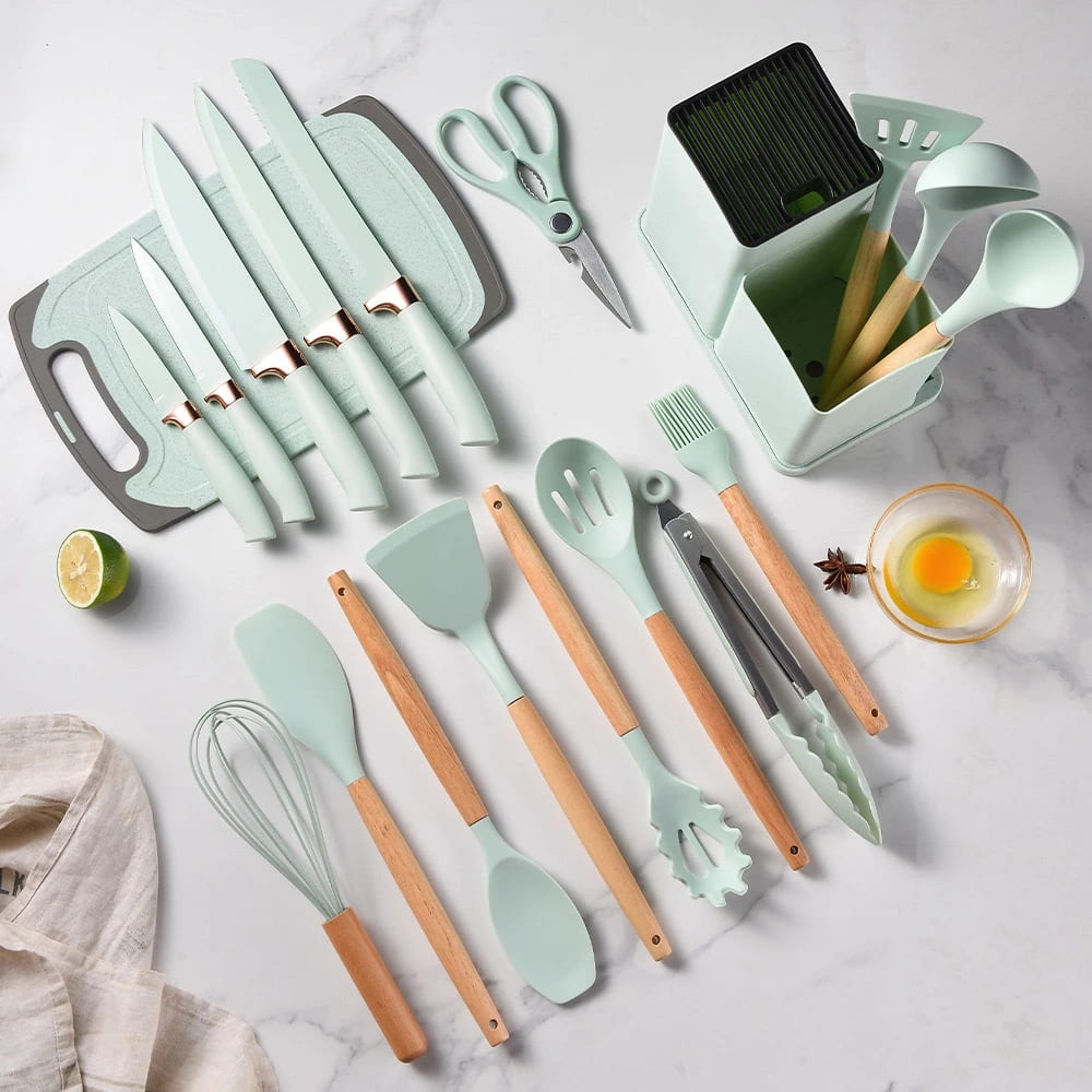 Conjunto Gourmet Utensílios Silicone, 19 Peças, Utensílios de Cozinha, Silicone, Saudável, Versátil, Moderno, Atual.