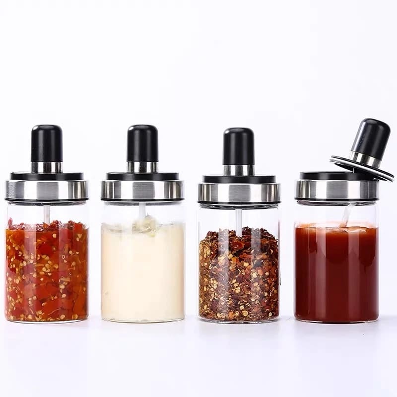 Kit 4 Peças Porta Tempero Gourmet com Colher, Temperos, Versátil, Condimento, Armazenamento, Sal, Açúcar, Pimenta