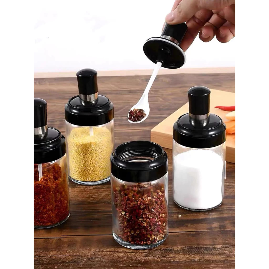 Kit 4 Peças Porta Tempero Gourmet com Colher, Temperos, Versátil, Condimento, Armazenamento, Sal, Açúcar, Pimenta